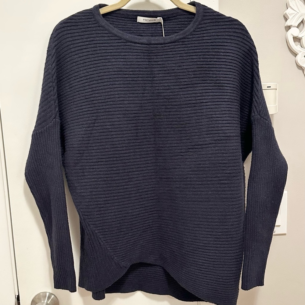 Tatuum Eroli Structured Sweater S Ribbed Asymmetric Hem NWT Navy Blue Dolman - Picture 3 of 11